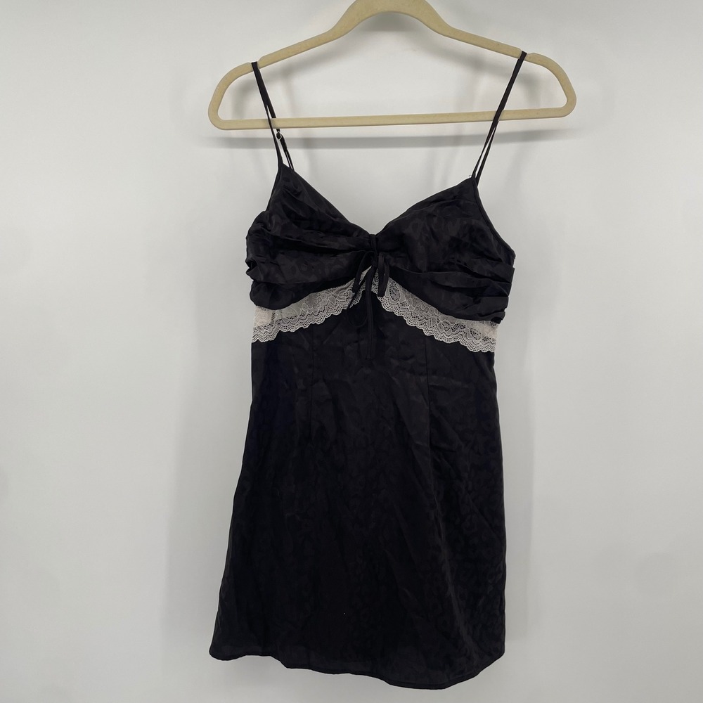 One Clothing Mini Dress Women Small Black Lace Trim Leopard Satin Slip Coquette